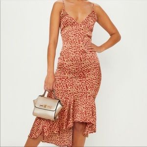 Red Leopard Print Frill Hem Midi Dress PLT